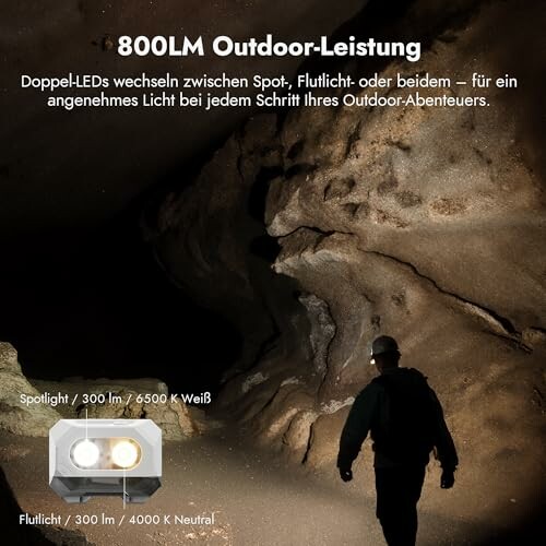 Person in einer Höhle mit LED-Beleuchtung
