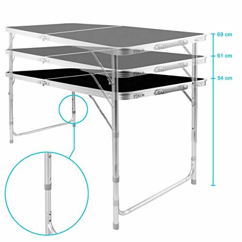 Höhenverstellbarer Klapptisch mit drei Stufen.
