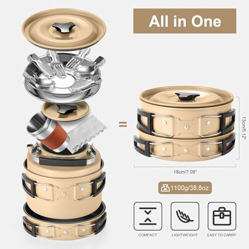 Kompaktes Camping-Kochgeschirr-Set mit stapelbaren Töpfen und Zubehör.