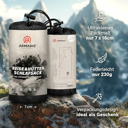 Ultraleichter Schlafsack von Armadic, ideal für Reisen.