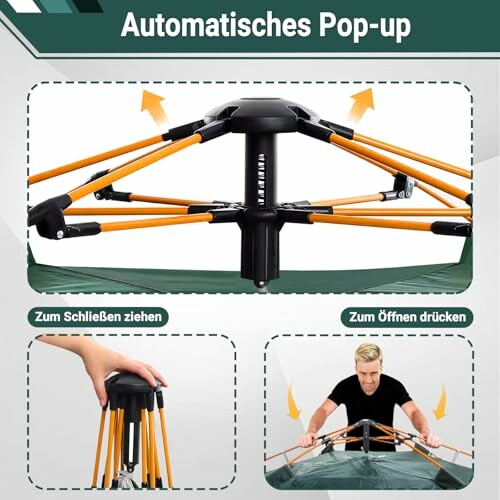 Automatischer Pop-up-Zeltaufbau mit Schrittanleitung.