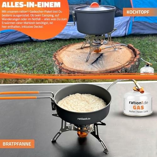 Campingkochausrüstung mit Kochtopf und Bratpfanne