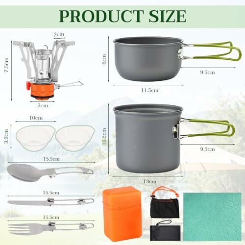 Camping-Kochgeschirr-Set mit Abmessungen