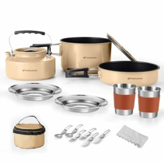 Camping-Kochgeschirrset mit Töpfen, Pfannen, Besteck und Tasche