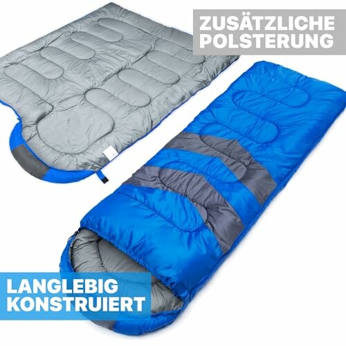 Zwei blaue Schlafsäcke mit zusätzlicher Polsterung.