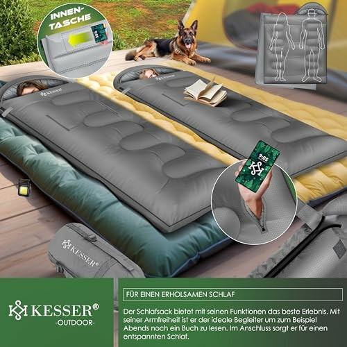 Doppelschlafsack mit Hund im Zelt, Innenansicht.