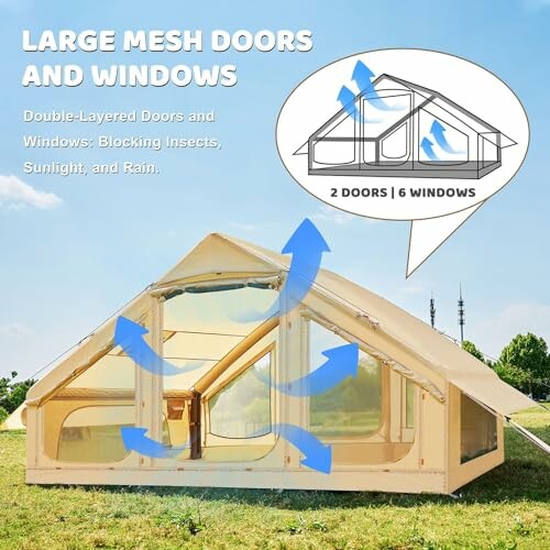 Campingzelt mit großen Mesh-Türen und Fenstern