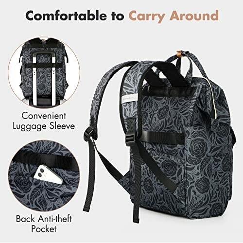 Schwarzer Rucksack mit Blumenmuster und Diebstahlschutzfach