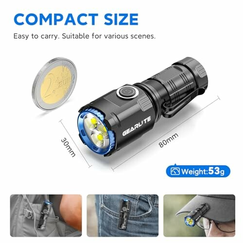 Kompakte Taschenlampe neben einer Münze, leicht zu tragen.