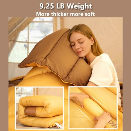 Frau umarmt eine schwere Decke.