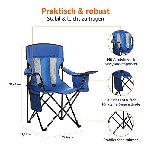 Blauer Faltstuhl mit Armlehnen und Stauraum, stabiler Stahlrahmen.