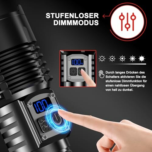 Taschenlampe mit stufenlosem Dimmmodus und digitaler Anzeige.