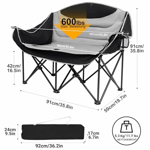 Klappbarer Campingstuhl mit 600 lbs Tragkraft und Abmessungen.