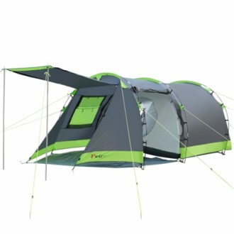 Großes Campingzelt in Grau und Grün mit Überdachung.