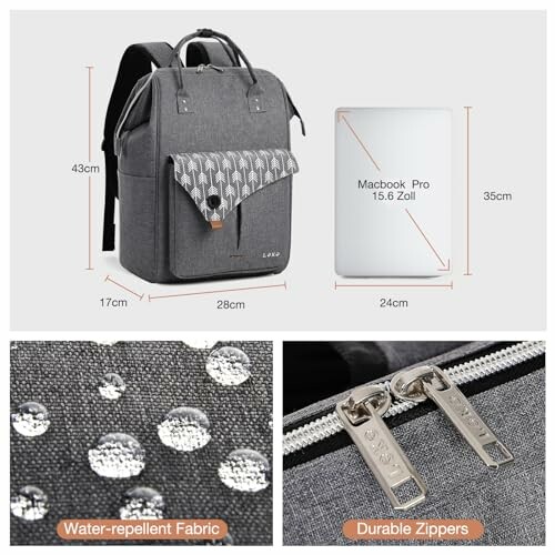 Grauer Rucksack mit Laptop-Fach und wasserabweisendem Stoff.