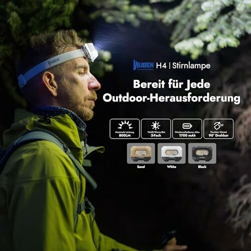 Mann mit Stirnlampe im Wald bei Nacht