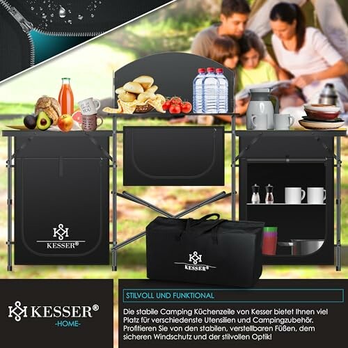 Kesser Campingküchenzeile mit Zubehör und Personen im Hintergrund.