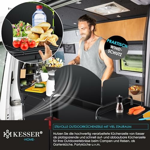 Mann kocht in mobiler Küche im Wohnmobil.