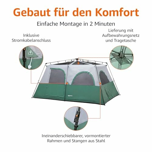 Großes grünes Zelt mit einfachem Aufbau und Zubehör