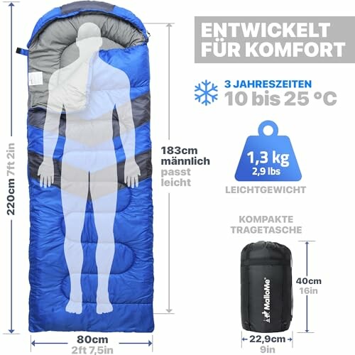 Blauer Schlafsack mit Abmessungen und Temperaturbereich.