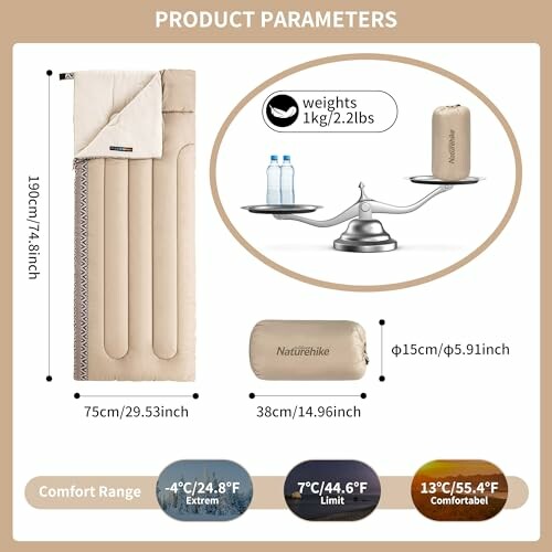 Leichter Schlafsack mit Größenangaben und Gewichtsvergleich