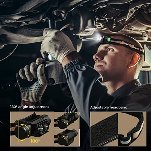 Mechaniker arbeitet mit Stirnlampe unter Auto