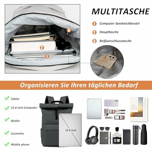 Multifunktionsrucksack mit mehreren Taschen für Laptop, Tablet und Zubehör.