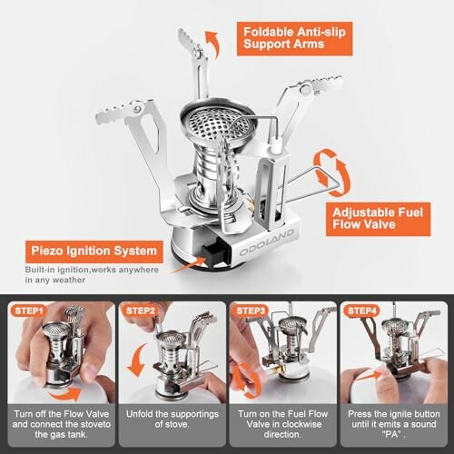 Tragbarer Campingkocher mit Faltarmen und Piezozündung.