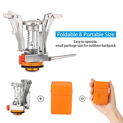 Tragbarer Campingkocher mit klappbarem Design und orangefarbener Hülle.