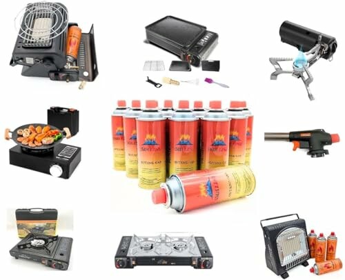 Tragbare Campingkocher und Gaskartuschen auf weißem Hintergrund.