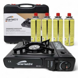 Tragbarer Gaskocher mit vier Gaskartuschen und Tragekoffer.