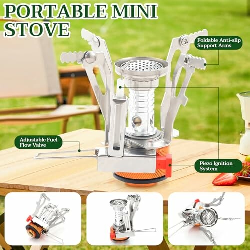 Tragbarer Mini-Kocher mit klappbaren Armen.