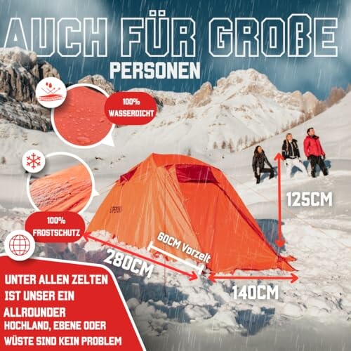 Rotes Zelt im Schnee mit Maßen und wetterfesten Eigenschaften.