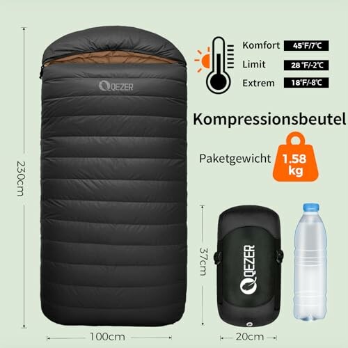 Schlafsack mit Temperaturbereich und Kompressionsbeutel.
