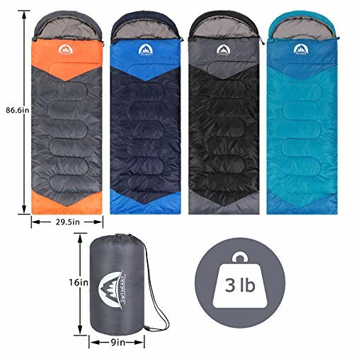 Vier Schlafsäcke in verschiedenen Farben mit Größenangaben.