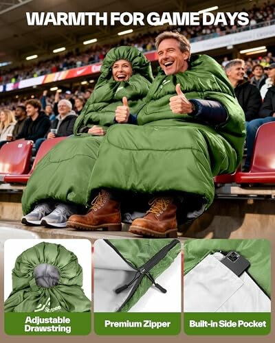 Menschen in Schlafsäcken im Stadion