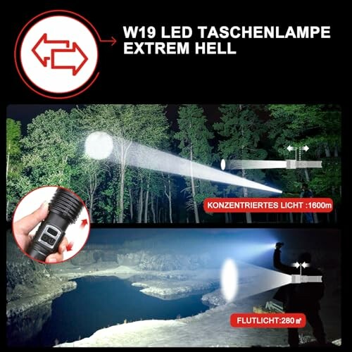 W19 LED Taschenlampe mit extrem hellem Lichtstrahl im Wald.