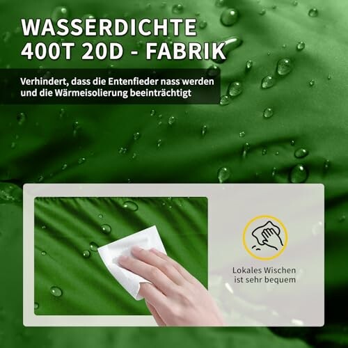 Wasserdichte grüne Oberfläche mit Hand, die wischt.