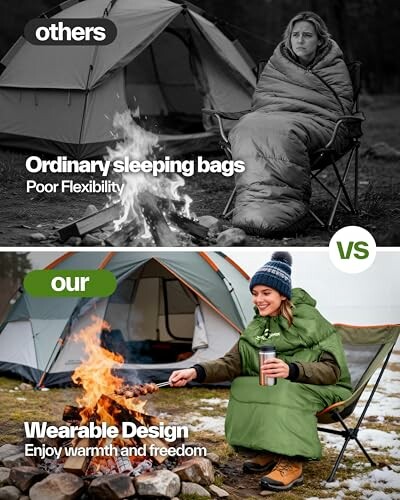 Vergleich zwischen traditionellem und tragbarem Schlafsack vor Zelten.