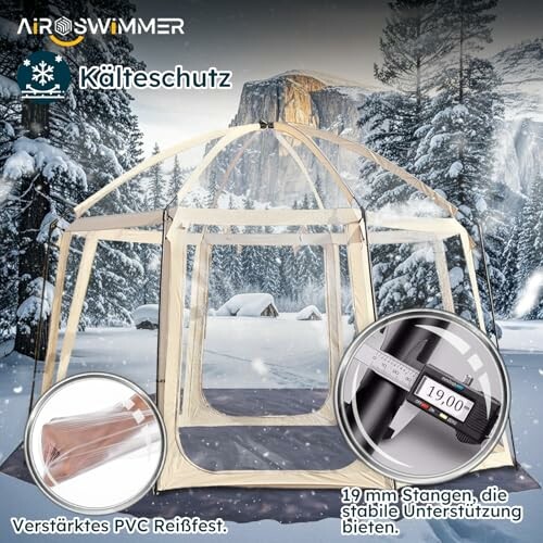 Winterzelt im Schnee mit PVC-Reißfestigkeit und stabilen Stangen.