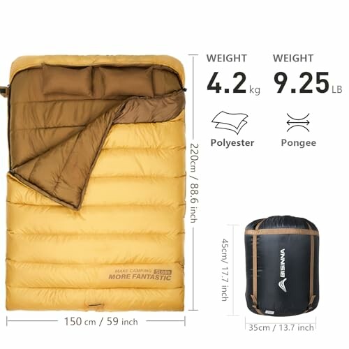 Gelber Schlafsack mit technischen Details und Verpackung.